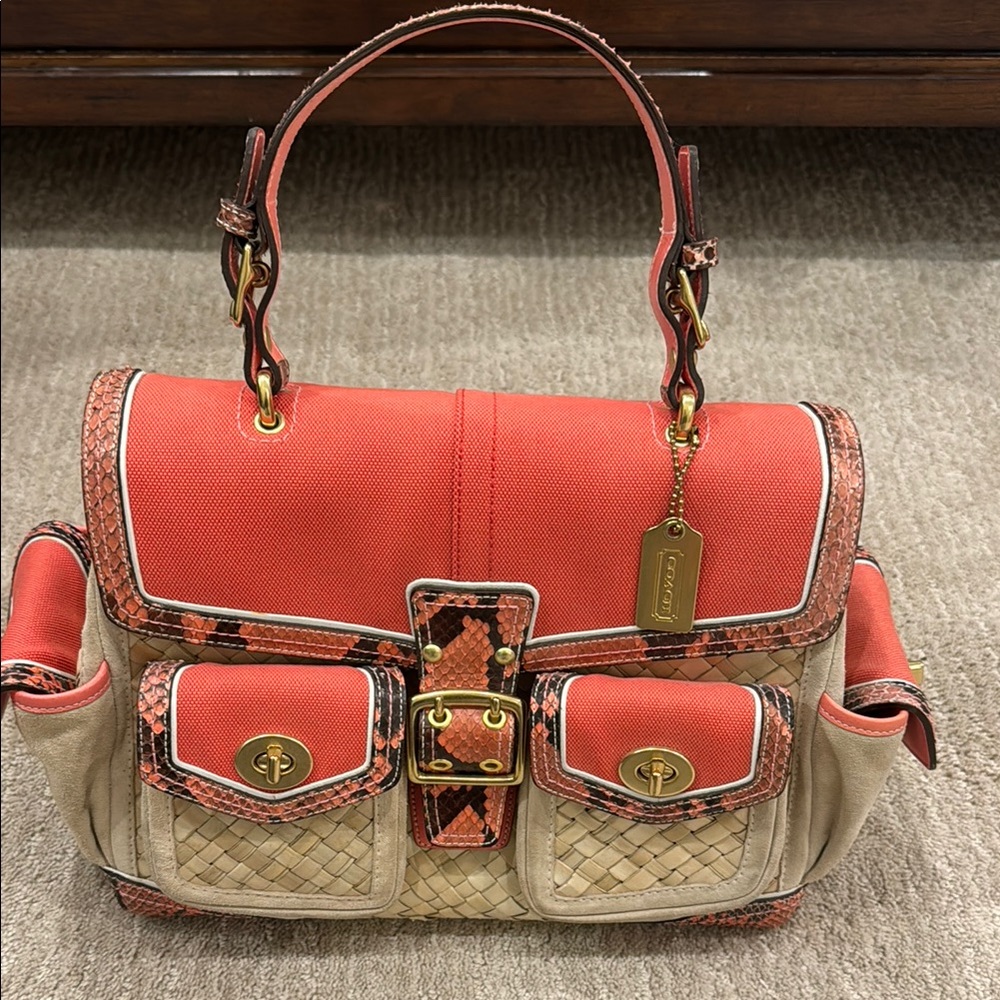 Coach bag, straw accents with coral. Like new
